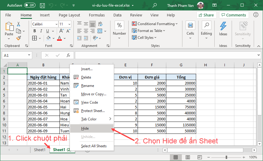 Ẩn bảng tính (Worksheet) trong Excel