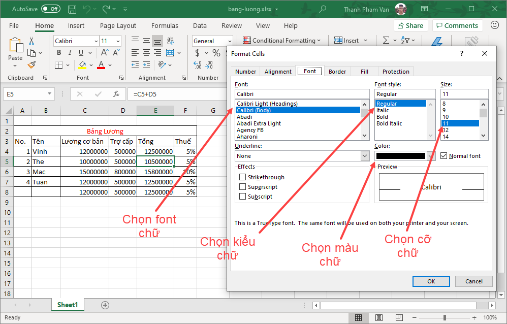 Cài đặt font chữ trong Excel