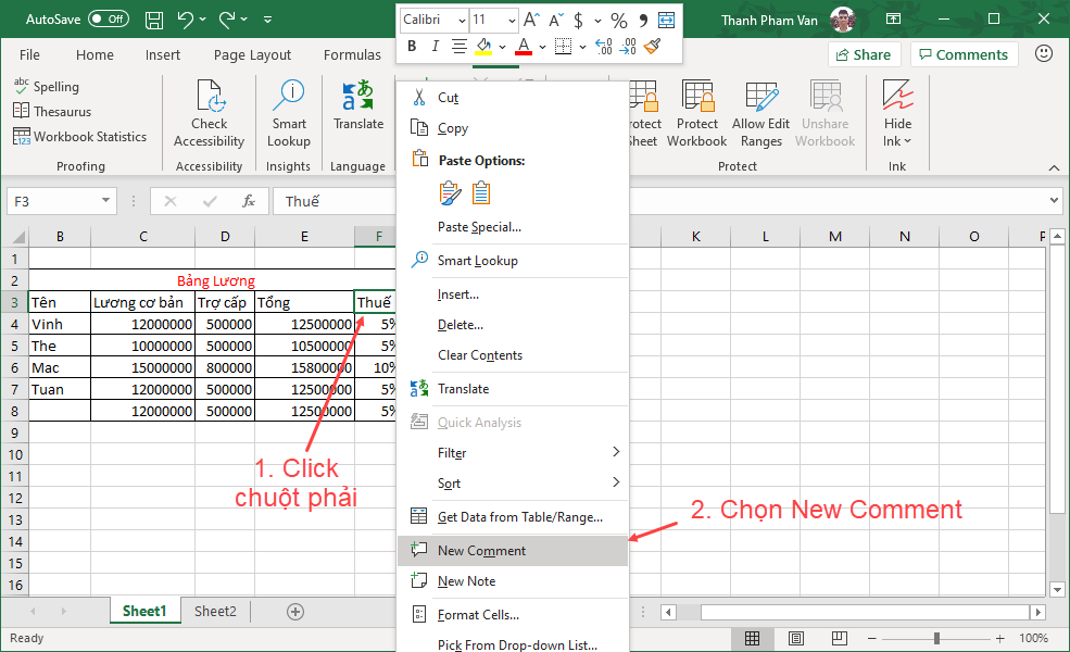 Chèn bình luận (comment) trong Excel