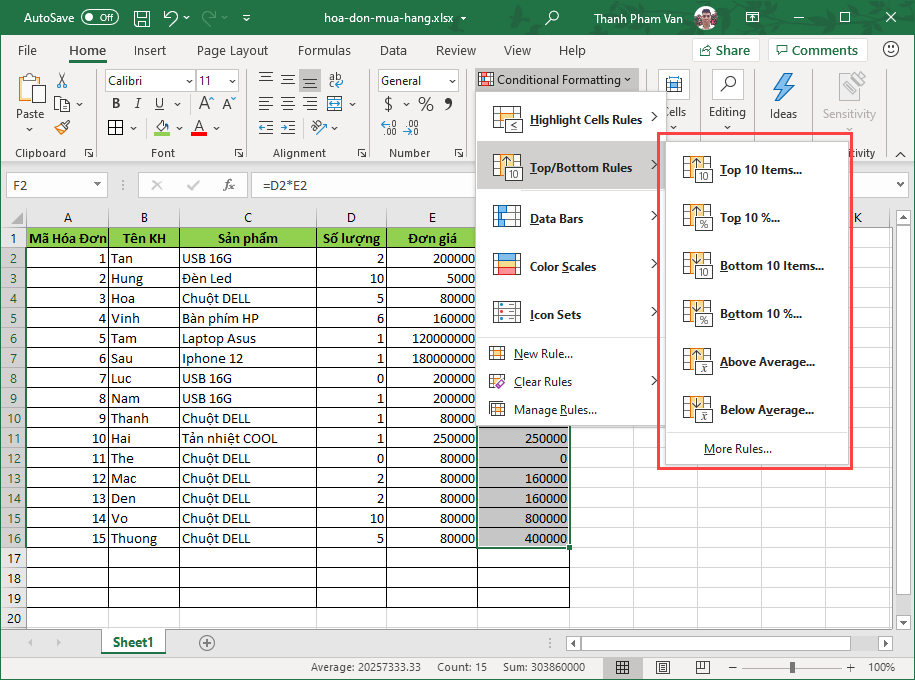 Định dạng có điều kiện trong Excel