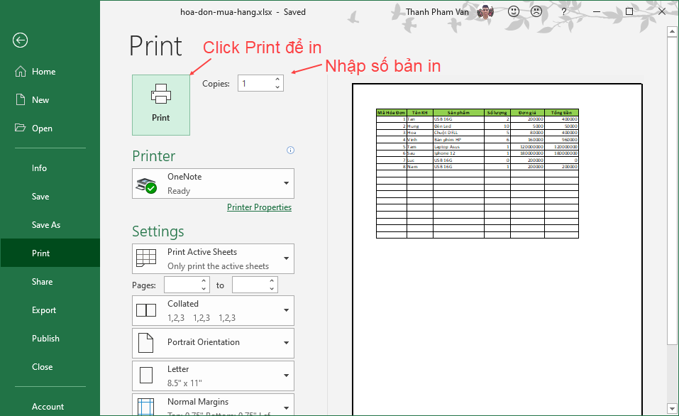 In trang tính trong Excel