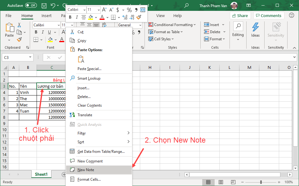 Chèn ghi chú (note) trong Excel