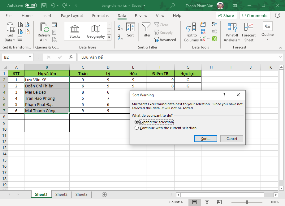 Sắp xếp dữ liệu trong Excel