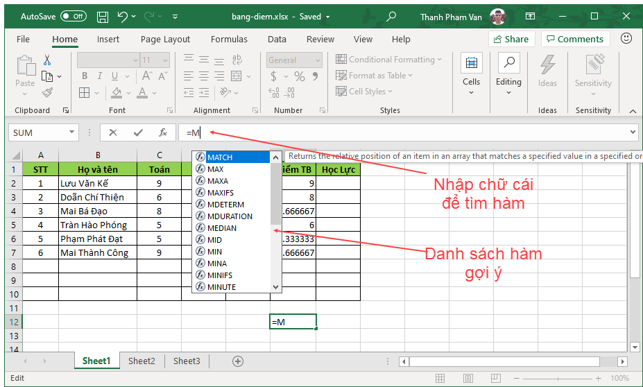 Sử dụng các hàm trong Excel