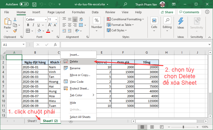 Xóa bảng tính (Worksheet) trong Excel