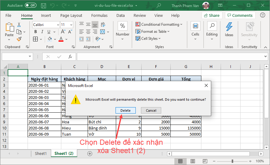 Xóa bảng tính (Worksheet) trong Excel