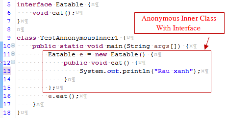Vi dụ về lớp vô danh (anonymous) trong java voi Interface