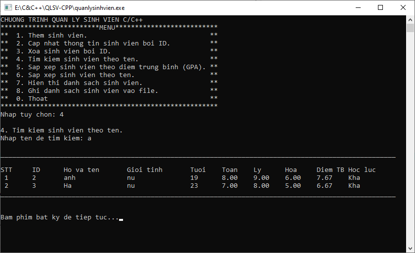 Bài tập quản lý sinh viên trong C/C++
