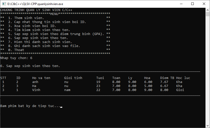 Bài tập quản lý sinh viên trong C/C++