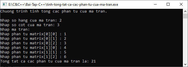 Tính tổng tất cả các phần tử của ma trận trong C++