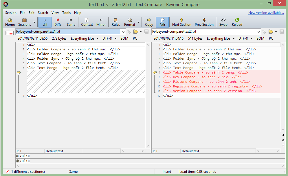 sử dụng Beyond Compare so sánh 2 file text